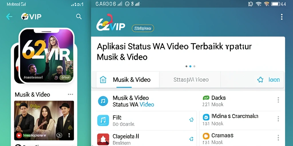 Tampilan aplikasi 62VIP dengan pilihan video status menarik.