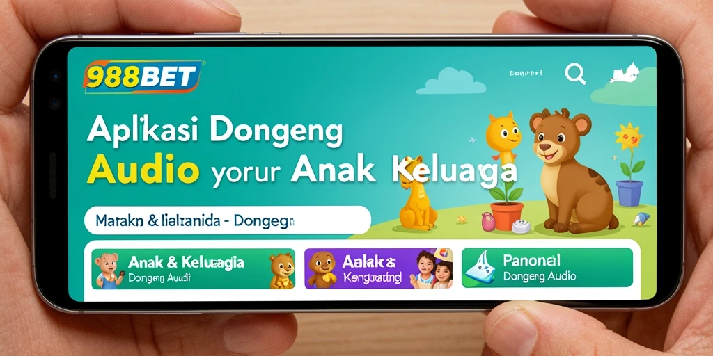 Antarmuka aplikasi 988BET menampilkan pilihan dongeng audio untuk anak.